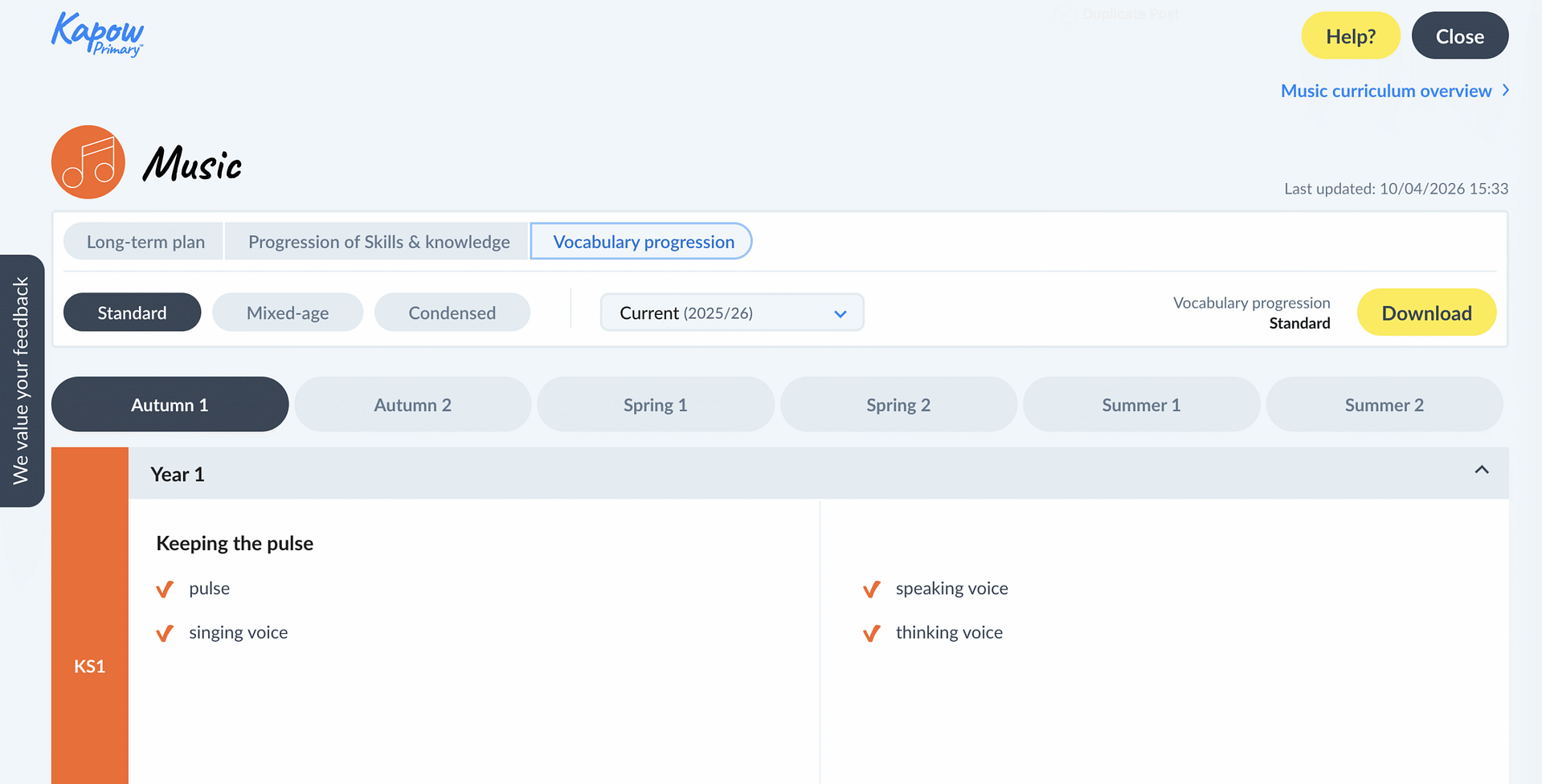 Music curriculum vocabulary progression page showing Year 1 key terms.