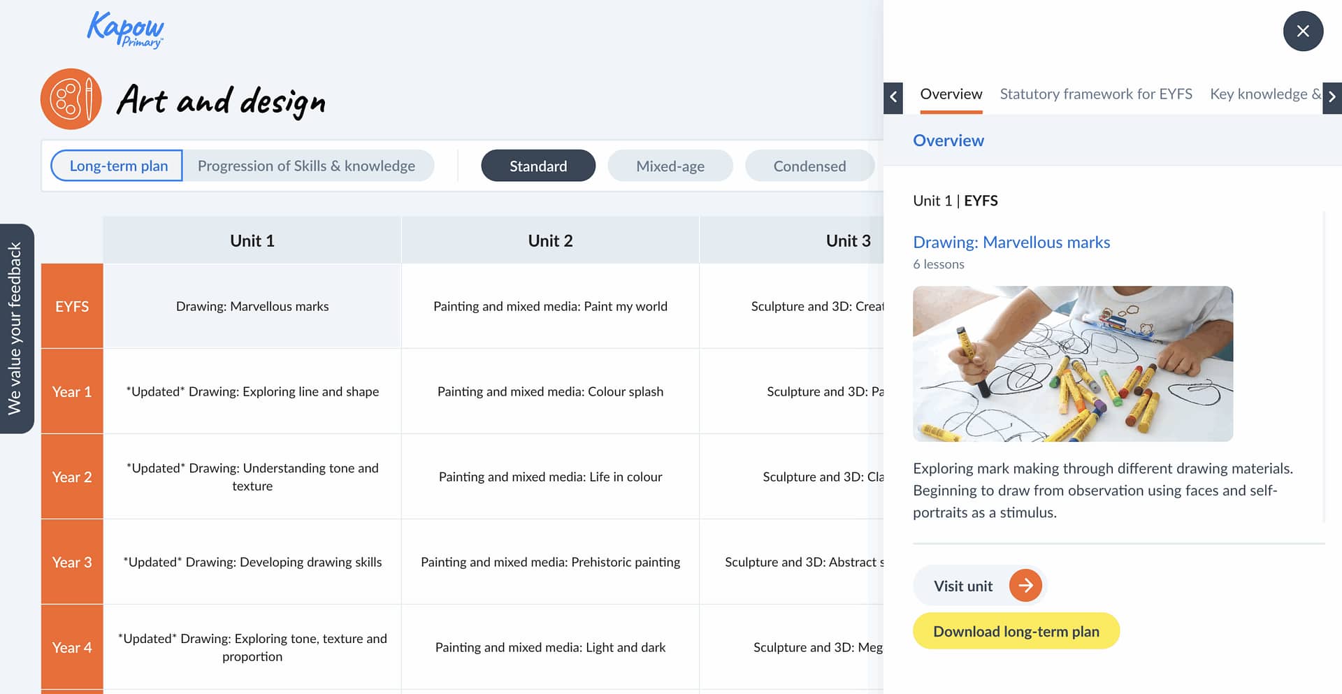 Screenshot of Kapow Primary’s Art and Design long-term plan showing units for EYFS to Year 4, with an overview of “Marvellous marks.”