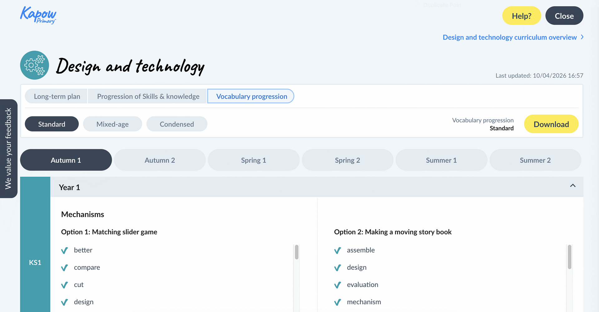 Design and technology curriculum vocabulary progression page showing Year 1 mechanisms.