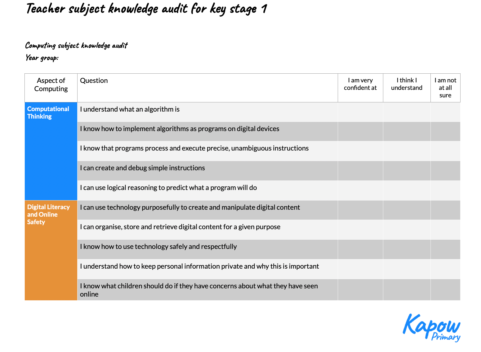 Teacher subject knowledge audit KS1 Kapow Primary