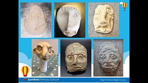 Earlsfield Primary school clay heads inspired by Kollwitz