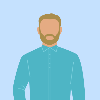 Illustration of a male avatar with short hair and a beard, wearing a teal shirt, set against a light blue background.