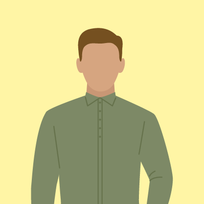 Illustration of a male avatar with brown hair, wearing a green shirt with a white collar, set against a light yellow background.