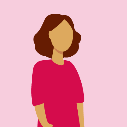 Illustration of a female avatar with short brown hair, wearing a pink top, set against a light pink background.