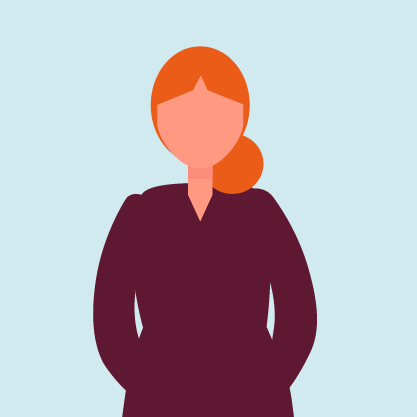 Illustration of a female avatar with orange hair in a ponytail, wearing a purple top, set against a light blue background.