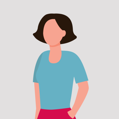 Illustration of a female avatar with short brown hair, wearing a teal top, set against a light grey background.