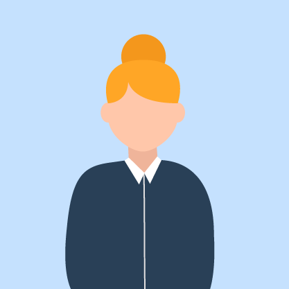 Illustration of a female avatar with a blonde bun, wearing a dark blue top with a white collar, set against a light blue background.