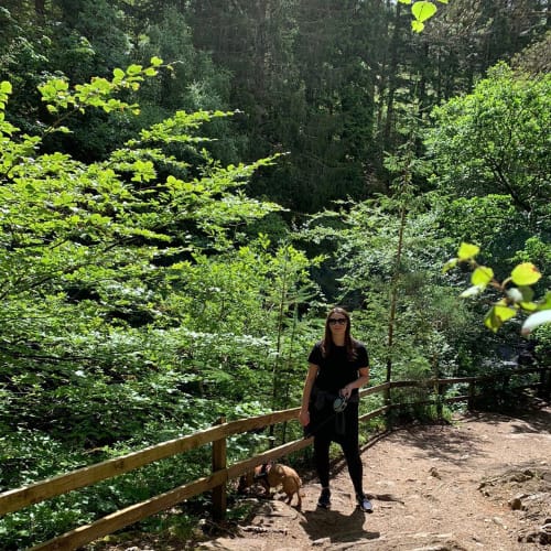 A woman is standing on a wooded trail with a wooden fence, surrounded by lush green trees and plants. She is wearing black clothing and sunglasses, holding a leash for a small dog beside her.