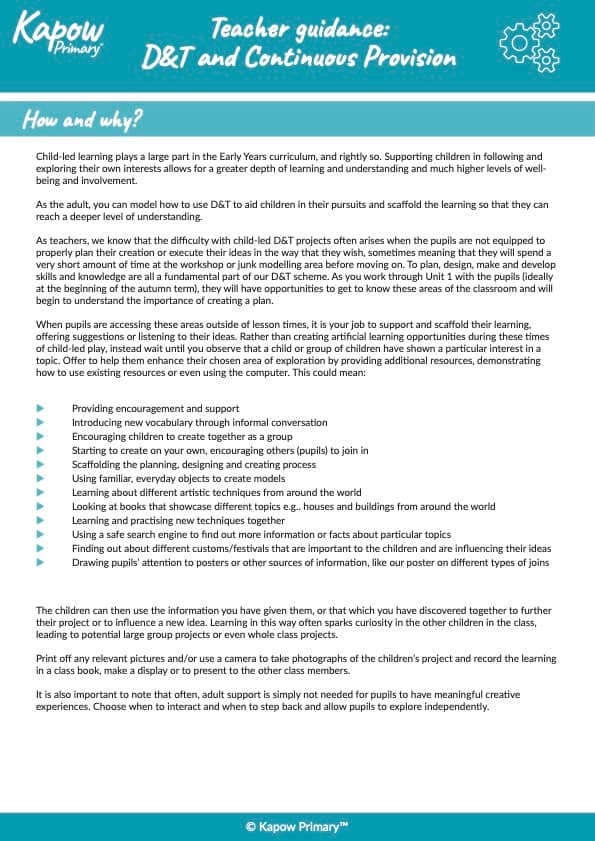 Kapow Primary teacher guidance document for D&T and continuous provision.