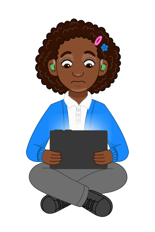 Illustrated child sitting cross-legged holding a tablet.