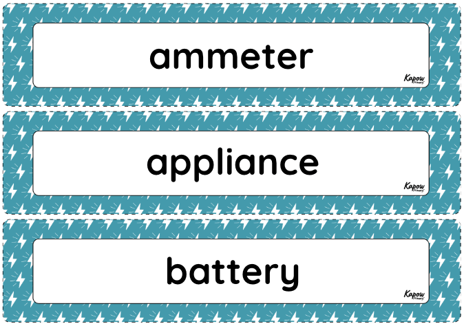 Vocabulary display: Circuits, batteries and switches