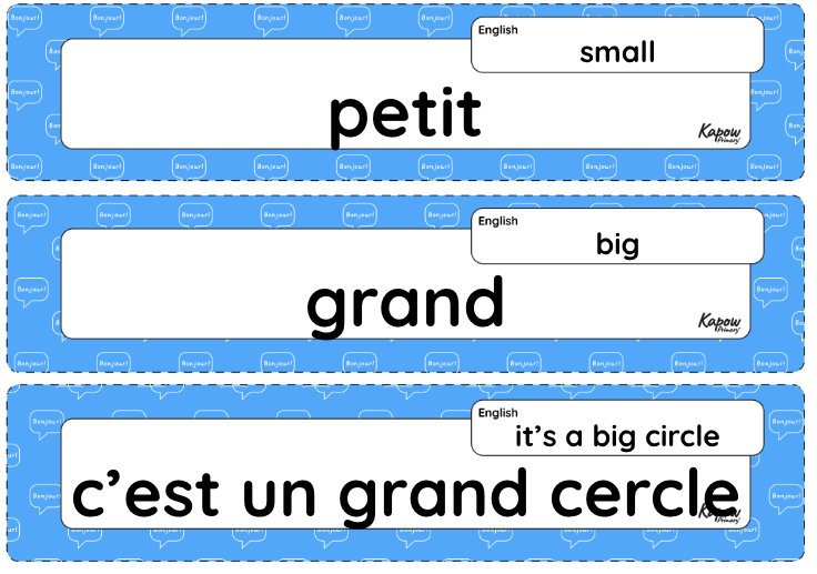 Vocabulary display: French adjectives of colour, size and shape