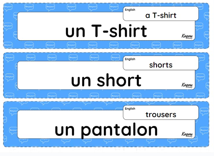 Vocabulary display: Clothes – getting dressed in France