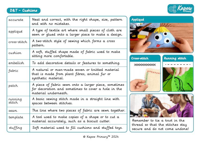 Knowledge organiser: DT – Y3 Cushions