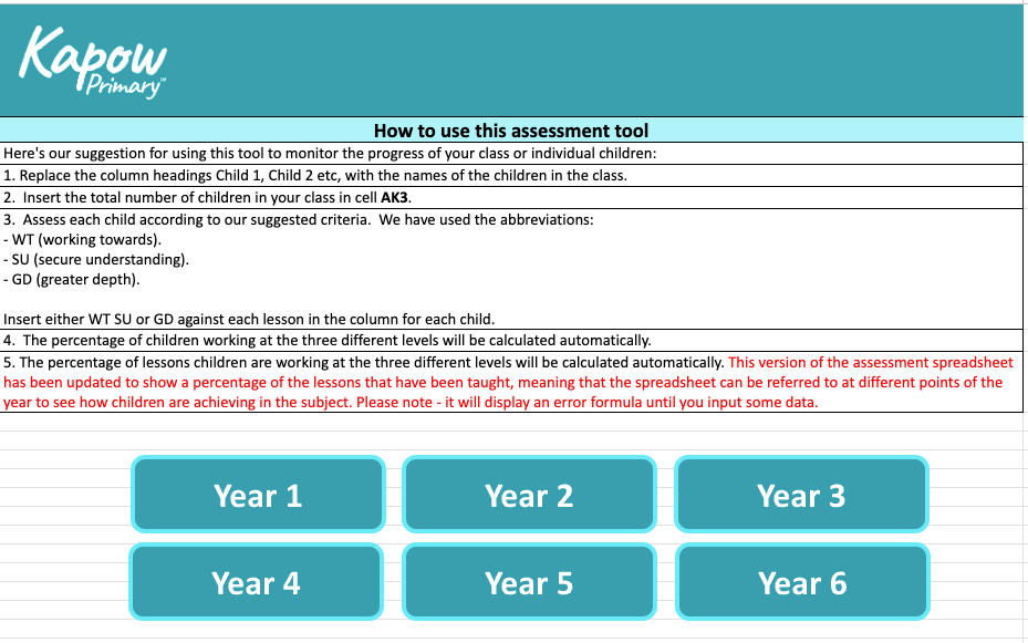 Science: Assessment spreadsheet