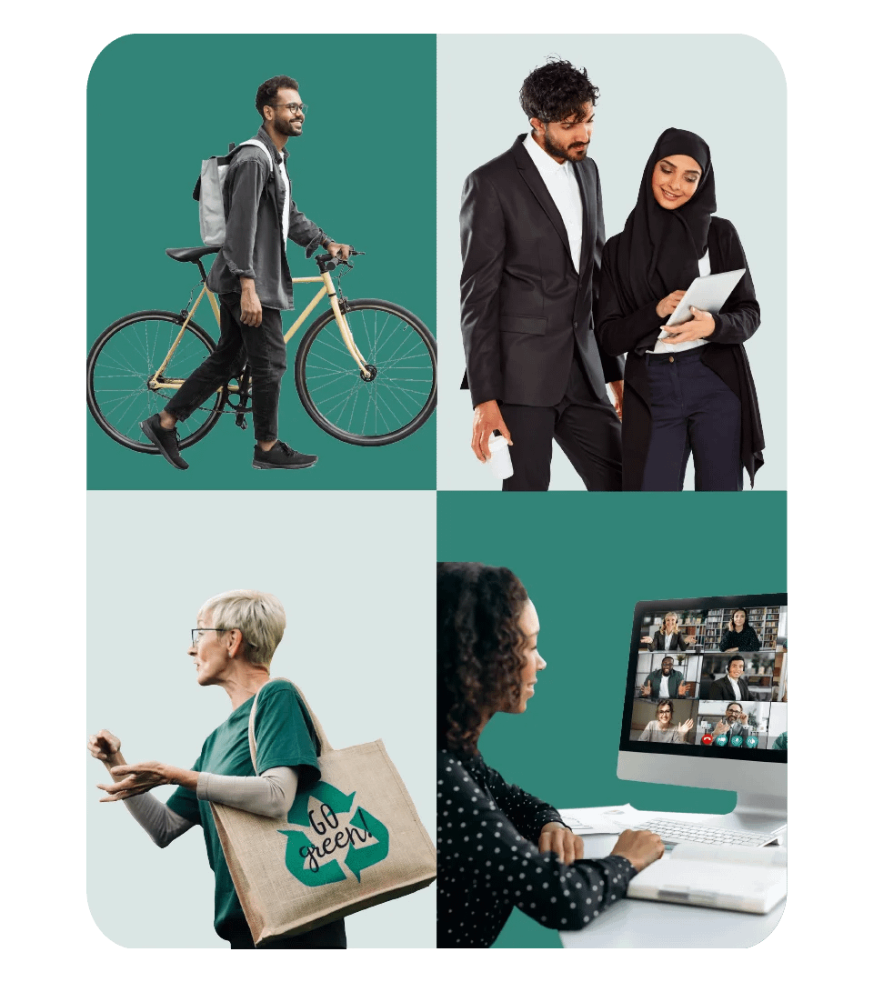Collage of people cycling, collaborating, shopping with a reusable bag, and video calling to show sustainable lifestyle choices.