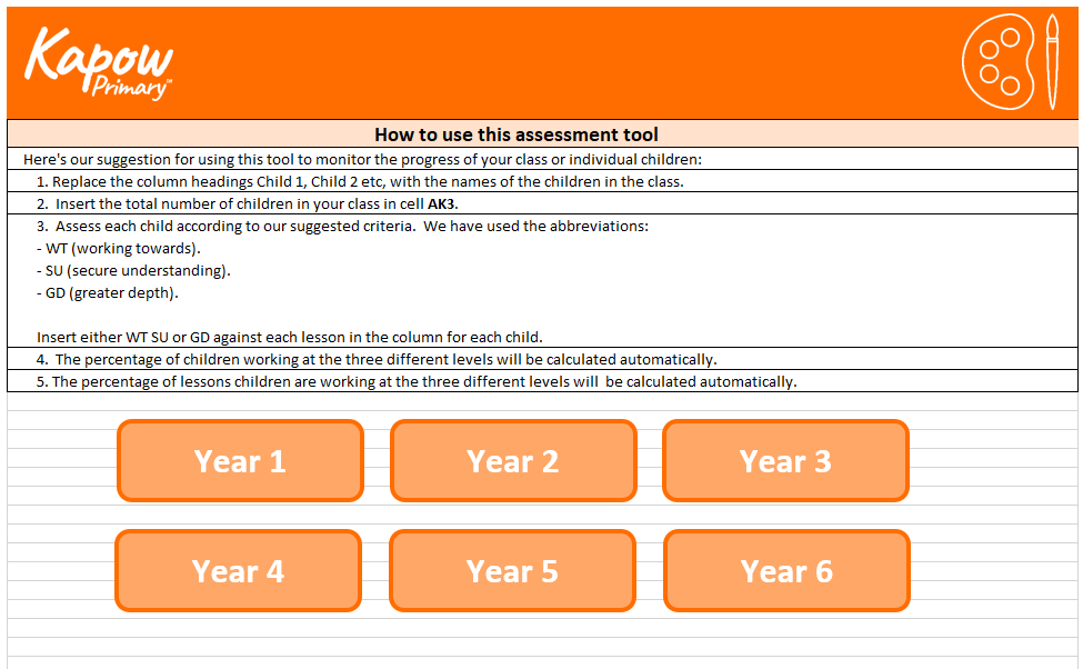 Original Art and design scheme: Assessment spreadsheet for KS1 and KS2