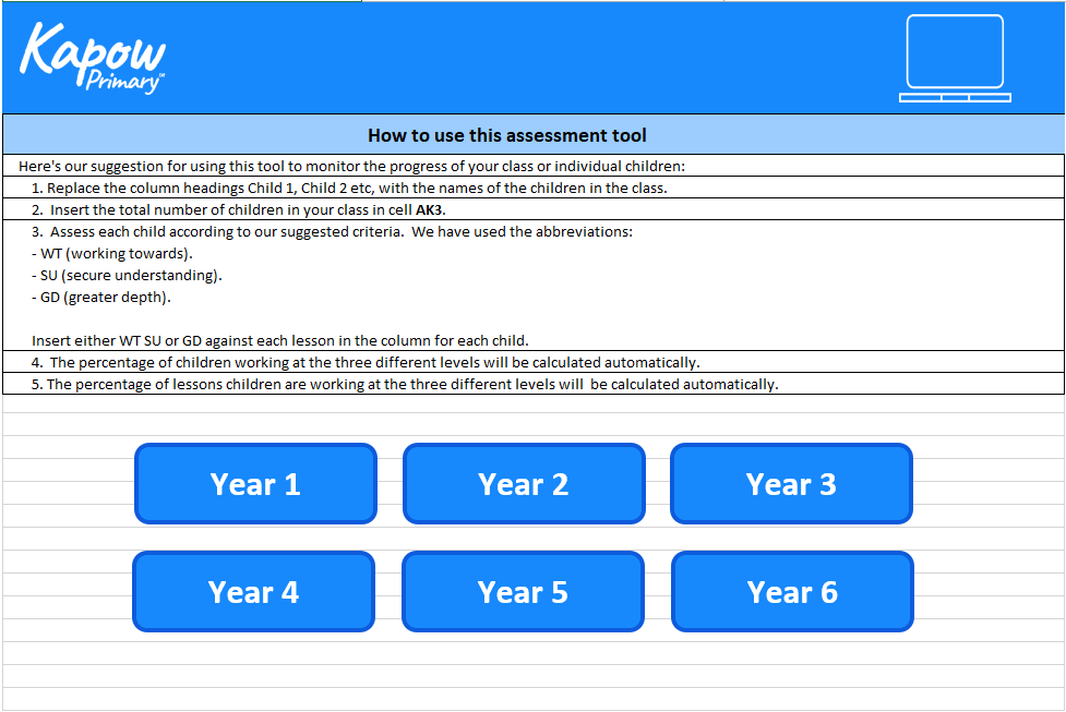 Computing: Assessment spreadsheet for KS1 and KS2