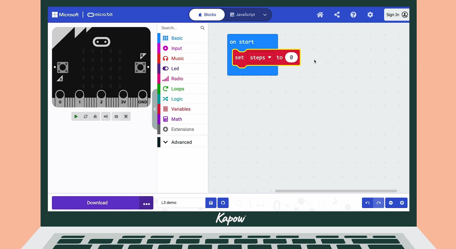 Pupil video: Programming a pedometer: creating a variable - Kapow Primary