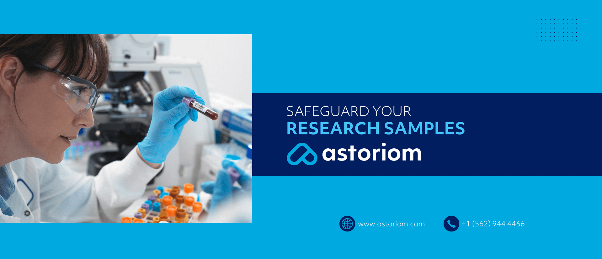 Scientist examining a labelled blood sample in a laboratory setting, representing secure sample storage.