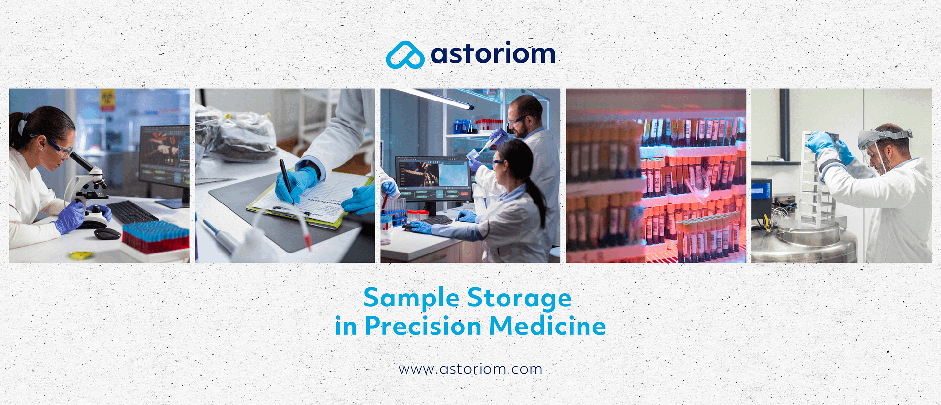 Scientists working in laboratory environments with microscopes, digital tools, and sample storage systems, illustrating the importance of reliable sample storage in precision medicine.