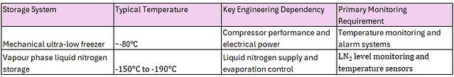 Table showing ranges of storage temperatures with monitoring requirements