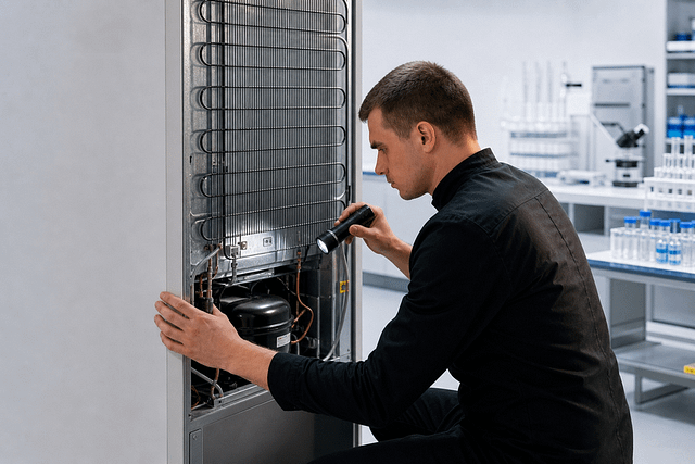 Onsite service engineer examining a refrigerated unit