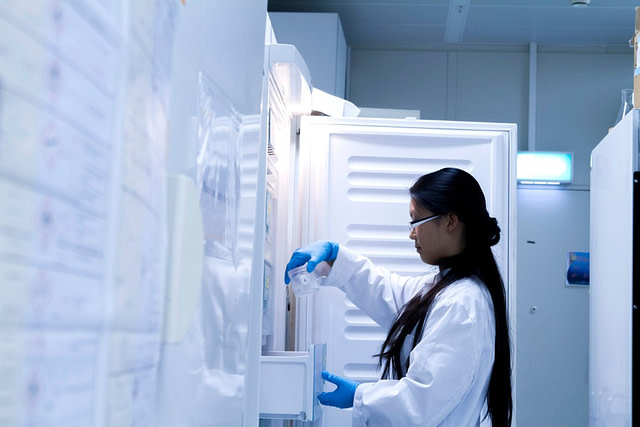 Female scientist storing products in a refrigerated device