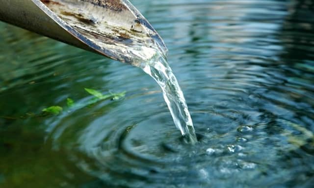 A wooden pipe discharges clear water into a rippling, reflective body of water, surrounded by green leaves.