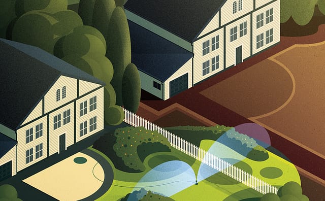 An aerial illustration of a landscaped yard with a sprinkler, surrounded by two houses.