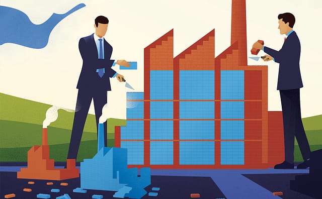 Illustration of two men in suits constructing a factory building.
