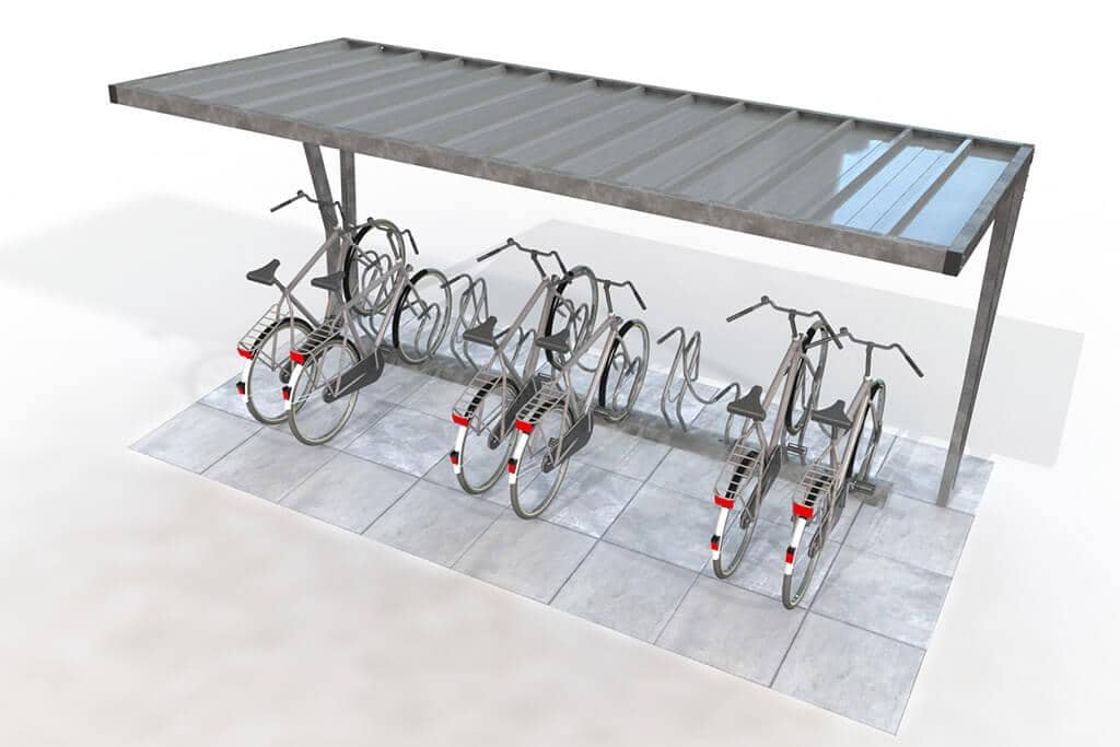 Covered bike shelter with metal roof and bike racks