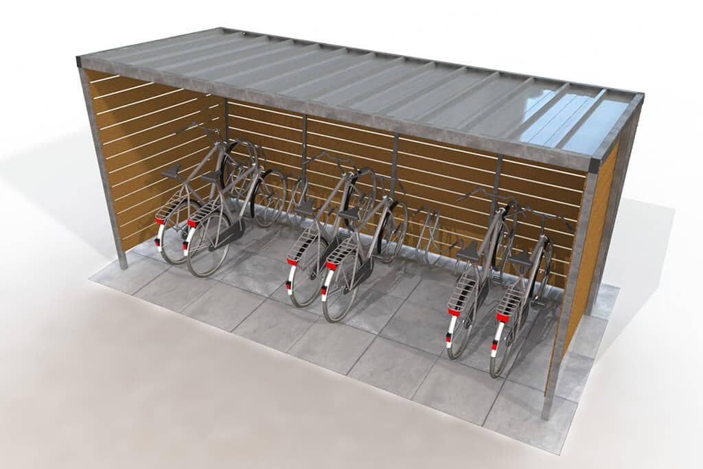 Covered wooden bike shelter with open front