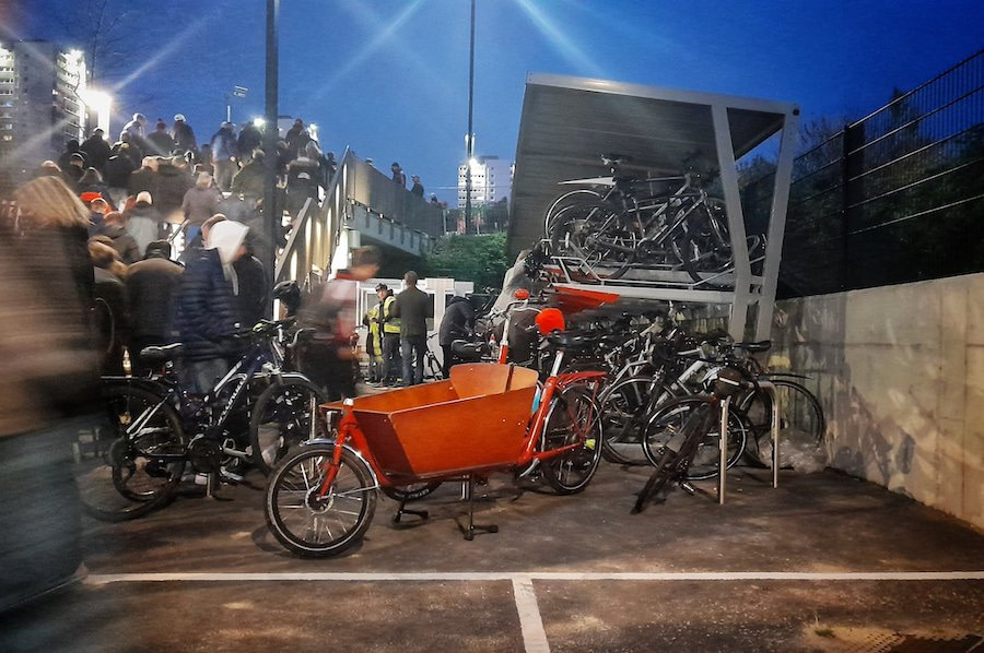 football stadium cargo bike and two-tier cycle parking